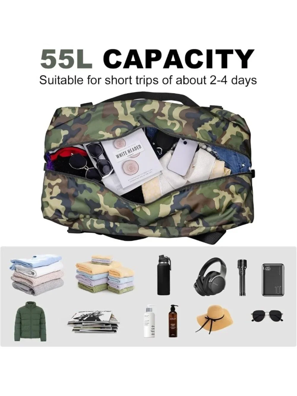 Foldable Travel Duffel Bag - 55L Lightweight Gym Luggage, Green Camo Design